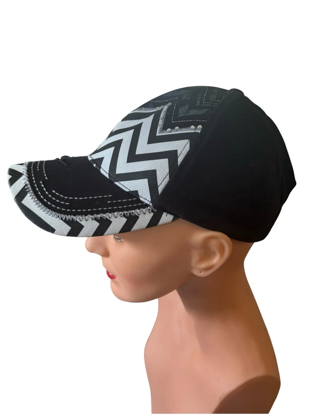 W By Kbethos Chevron Baseball Cap Black White Rhinestones Distressed OS Canvas